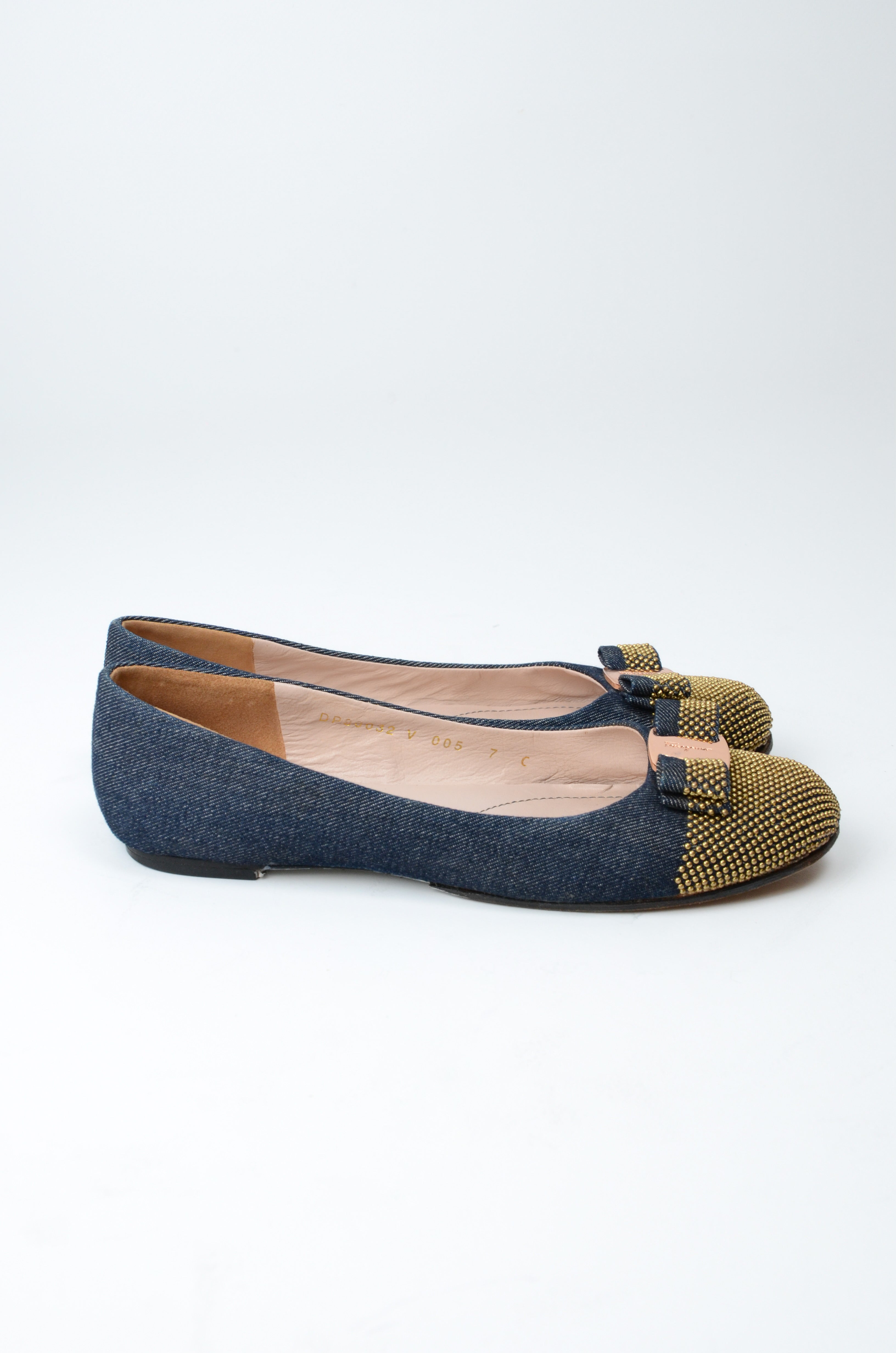 Salvatore Ferragamo Denim & Gold Vara Ballerina Flats