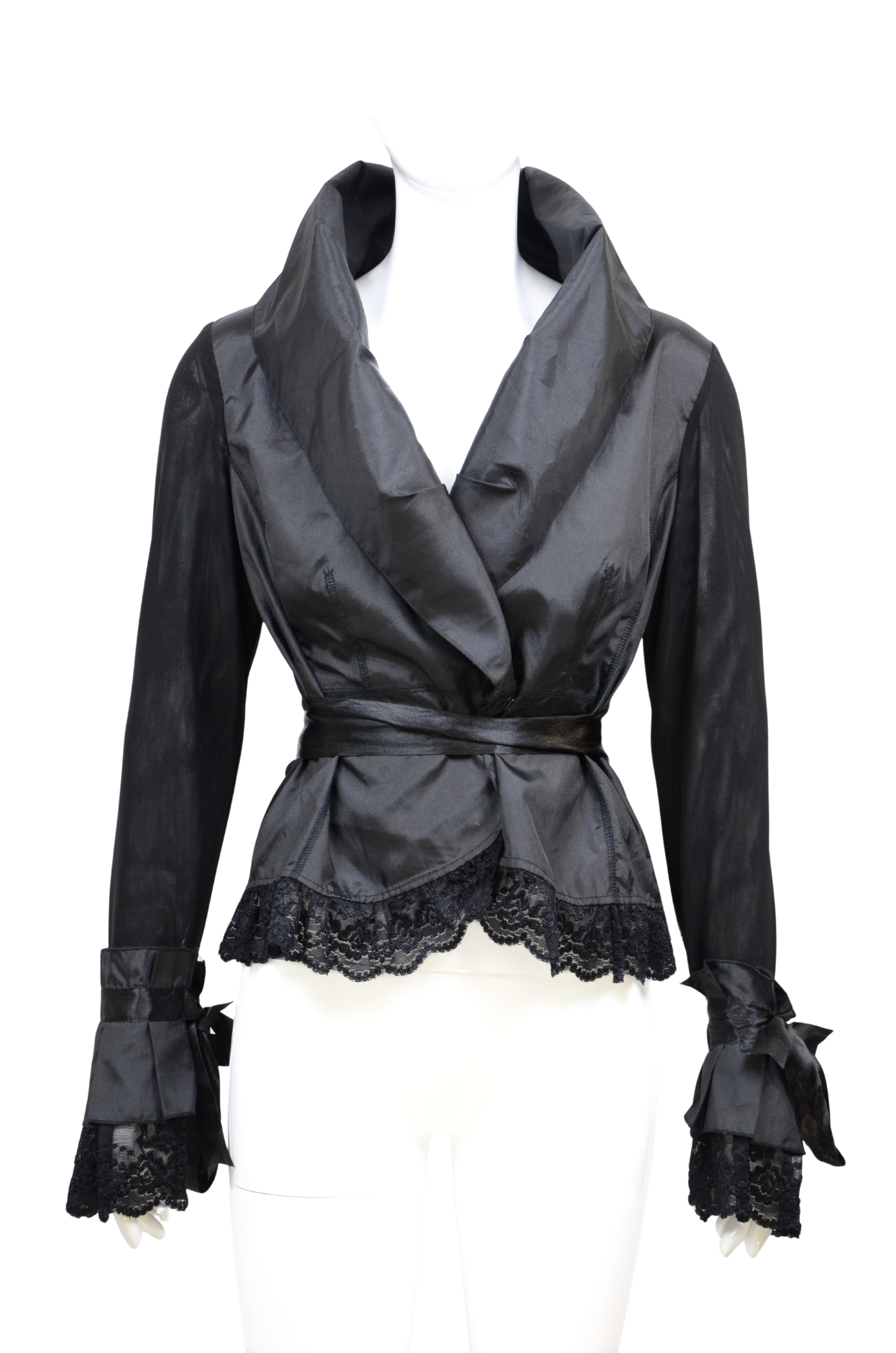 Elisha Wadhra Black Satin Blouse with Lace Trim