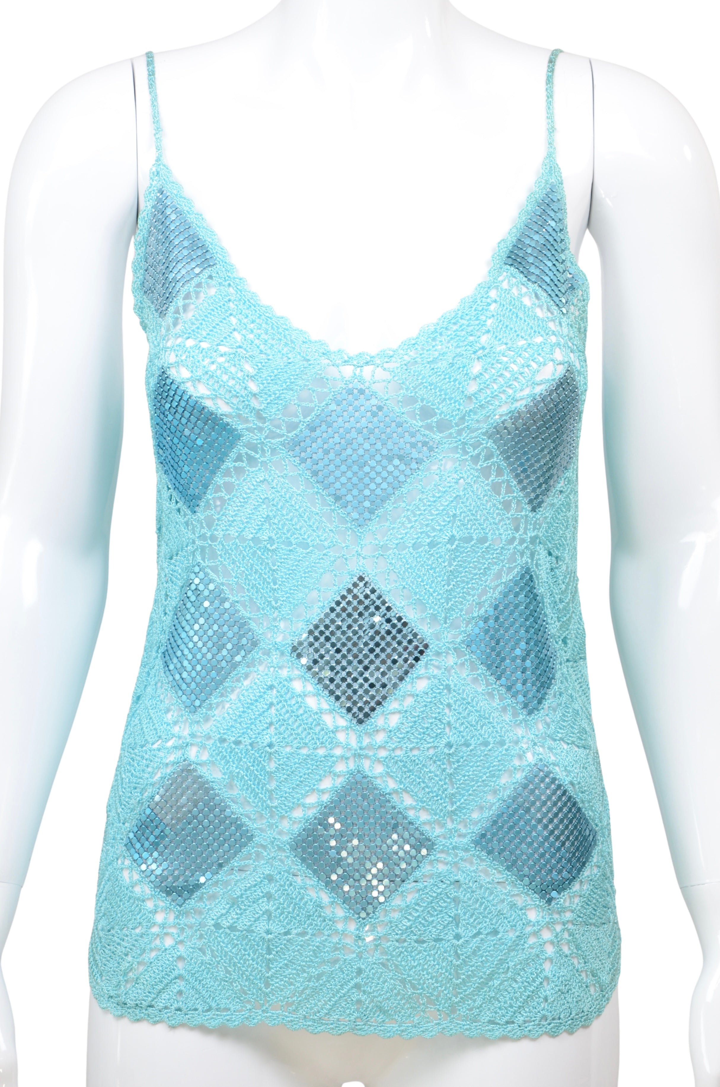 Italian Vintage Turquoise Crochet Cami with Sequin Diamond Pattern