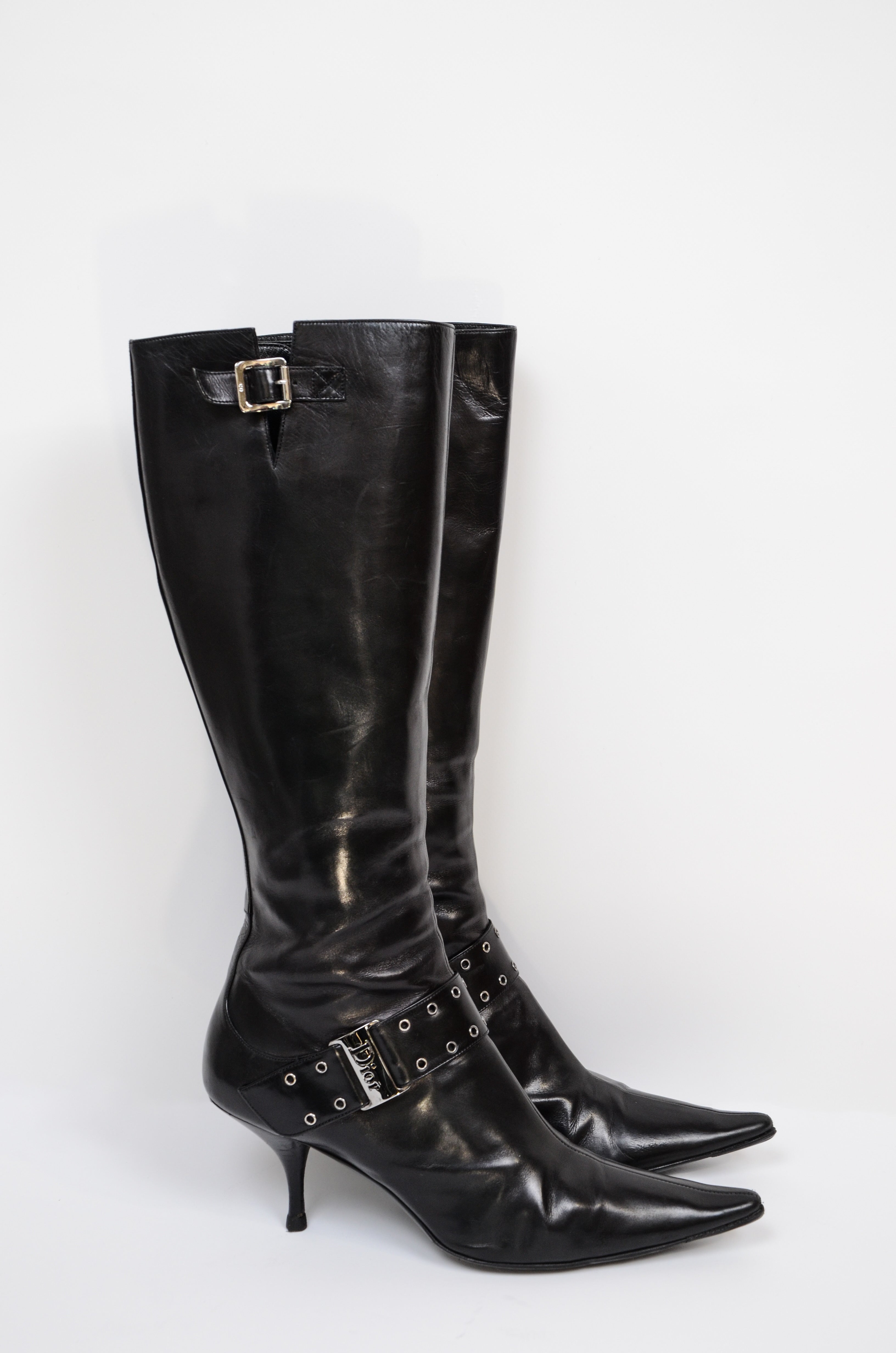 Christian Dior Black Leather Buckle Boots