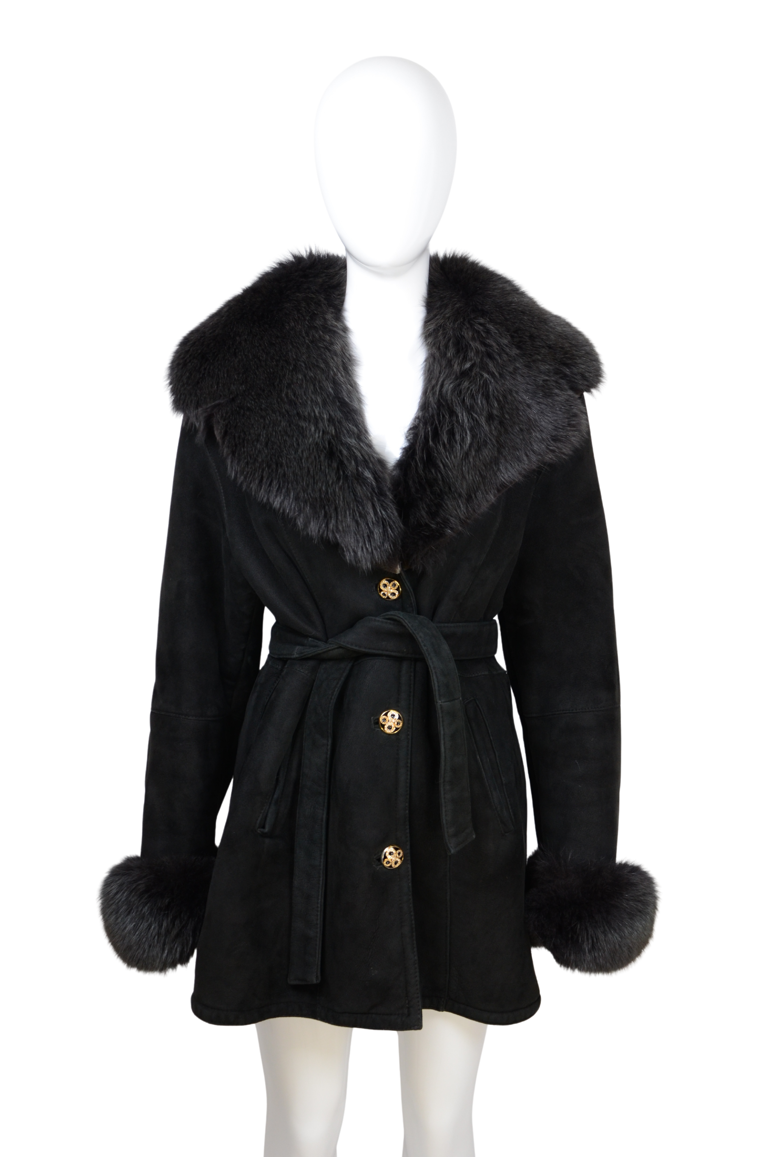 Black Shearling Coat with Fox Fur Trim